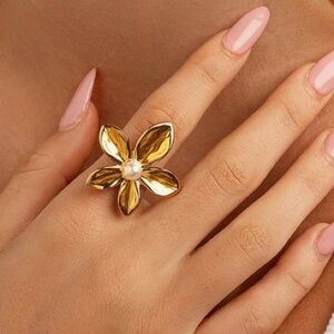 Gold Flower Pearl Accent Statement Ring - Women Jewelry